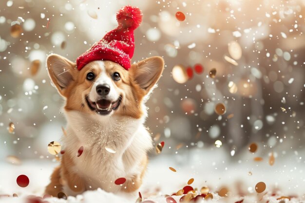 A dog wearing a red hat and standing in the snow