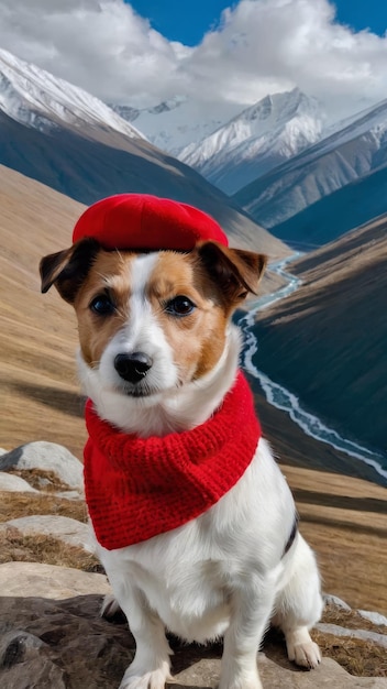 a dog wearing a red hat with a mountain in the background