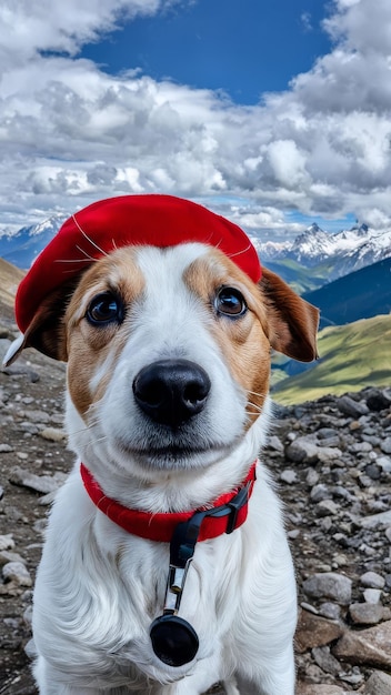 a dog wearing a red hat with the word dog on it