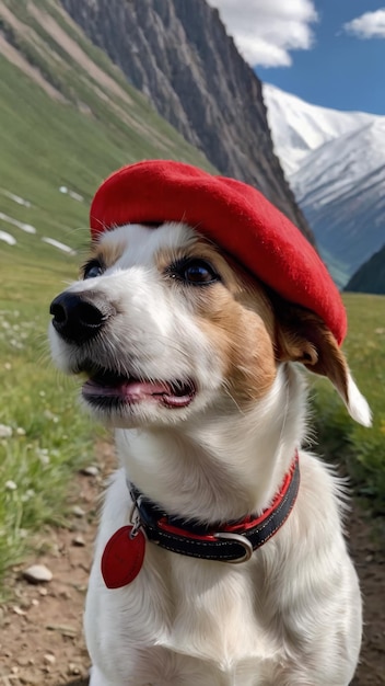 a dog wearing a red hat with the word dog on it