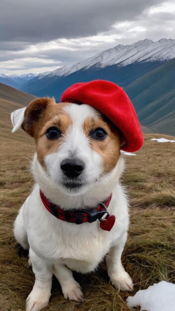 a dog wearing a red hat with the word dog on it