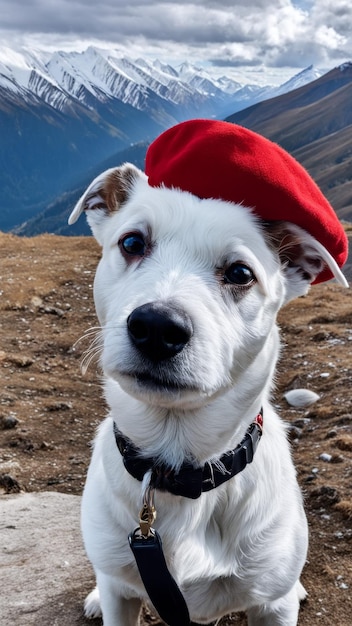 a dog wearing a red hat with the word quot on it quot