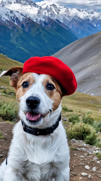 a dog wearing a red hat with the word quot on it