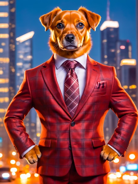 a dog wearing a red suit and tie standing on a city sidewalk