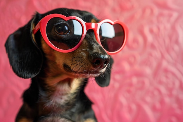 a dog wearing red sunglasses with a pink heart shaped frame