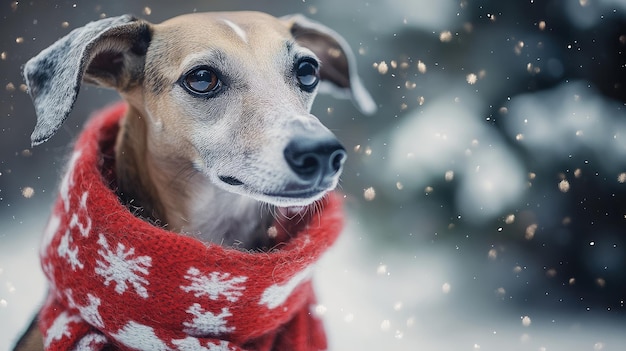 a dog wearing a red sweater with snowflakes on it