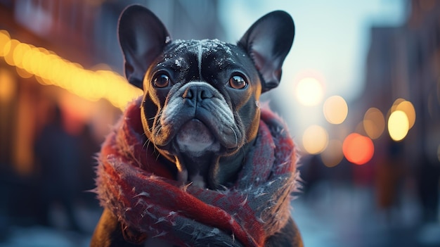 A dog wearing a sale around his neck in the snow with a blurred background