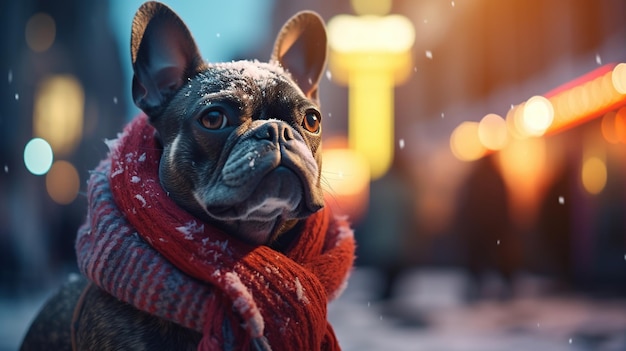 A dog wearing a sale around his neck in the snow with a blurred background