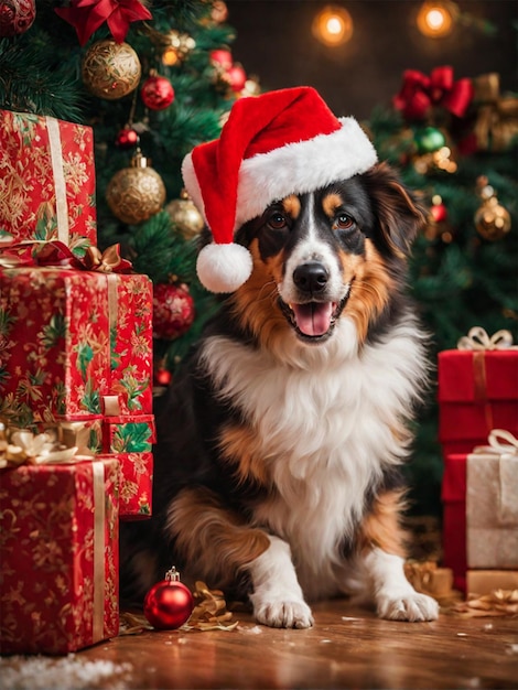 Dog wearing Santa hat animal portrait