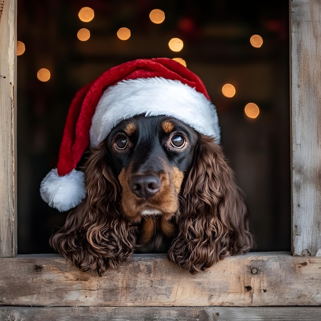 a dog wearing a santa hat is looking out a window