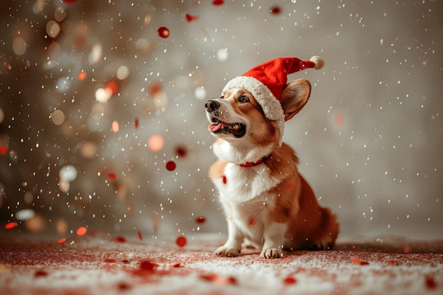 A dog wearing a Santa hat is sitting on a red carpet