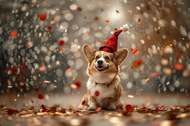 A dog wearing a Santa hat is standing in a pile of confetti