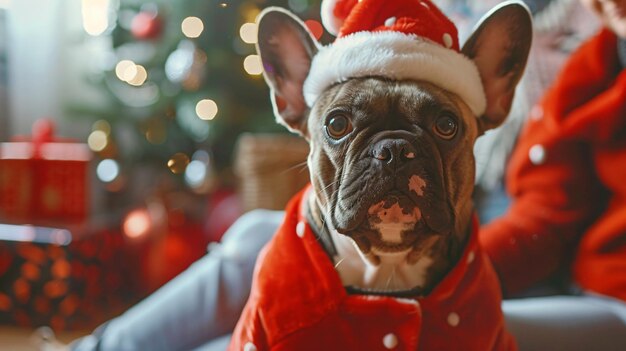 a dog wearing a santa hat is wearing a santa hat