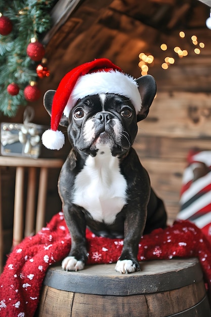 a dog wearing a santa hat sits on a chair