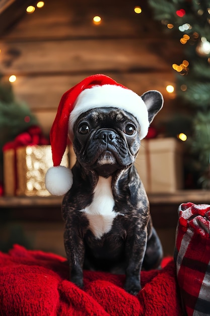 a dog wearing a santa hat sits in front of a christmas tree