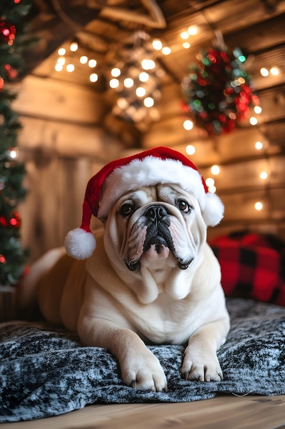 a dog wearing a santa hat sits in front of a christmas tree