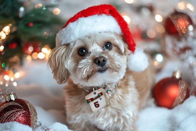 a dog wearing a santa hat sits in front of a christmas tree