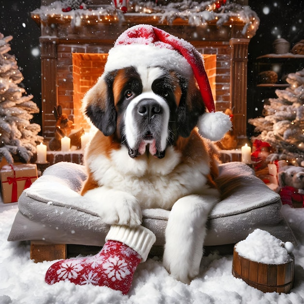 Photo a dog wearing a santa hat sits in front of a fireplace