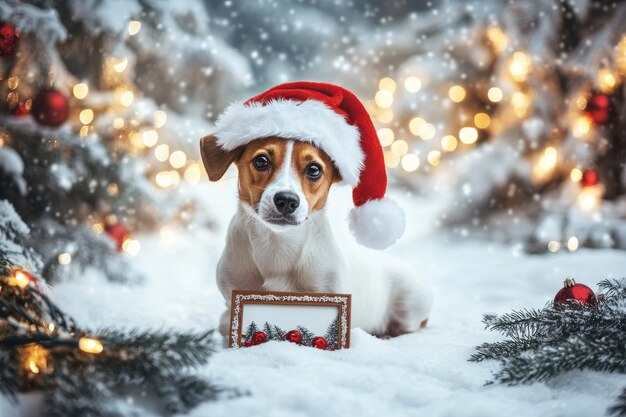 a dog wearing a santa hat sits in the snow with a christmas tree behind him