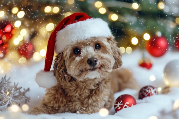 a dog wearing a santa hat sits in the snow with a christmas tree behind it