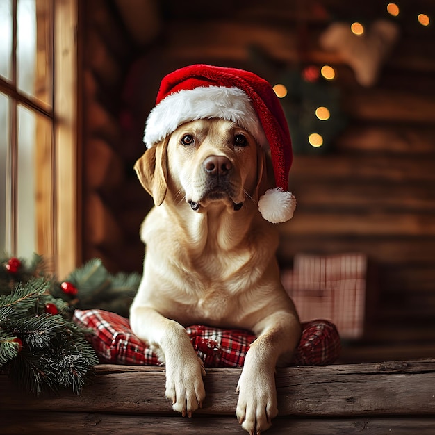 a dog wearing a santa hat sits on a window sill