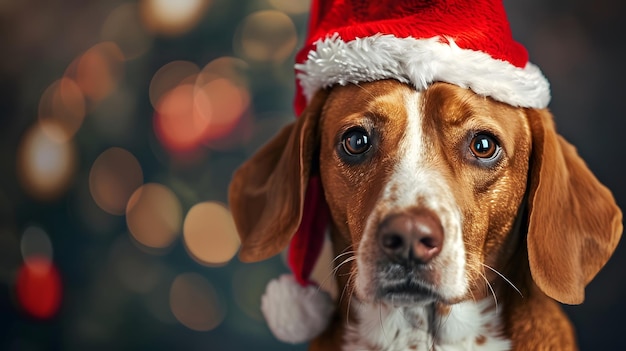 a dog wearing a santa hat with the words dog on it