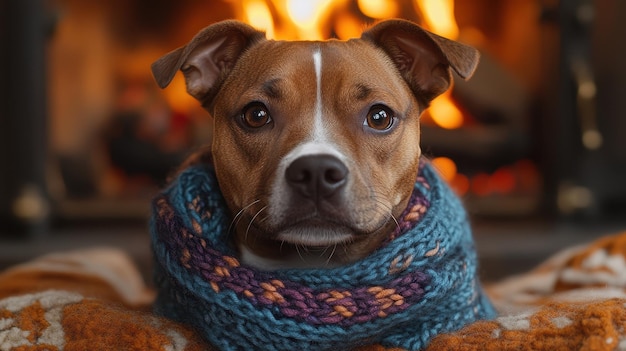 a dog wearing a scarf that says  the dog is sitting in front of a fire