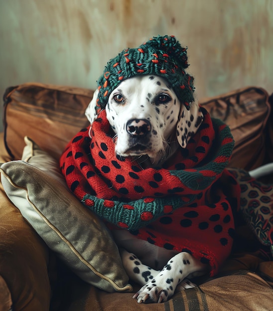 a dog wearing a scarf that says  pom  on it