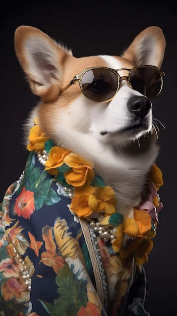 A dog wearing a shirt that says corgi on it