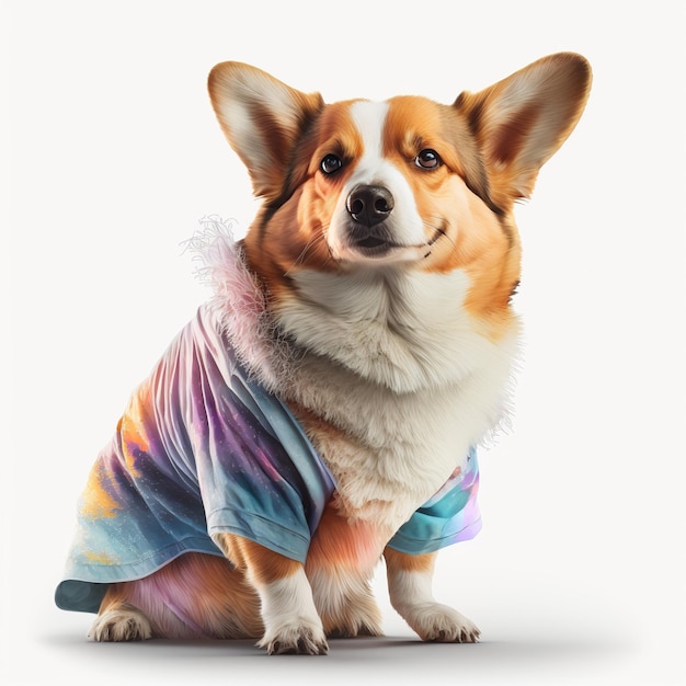 A dog wearing a shirt that says'corgi'on it