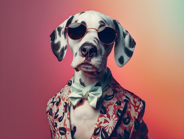 Photo a dog wearing a shirt with a bow tie and sunglasses