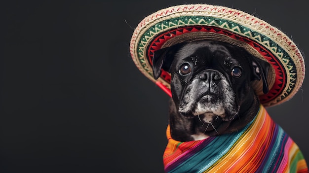 Dog wearing a sombrero hat on a black background Cinco de mayo The day of the dead Dia de los Muerto