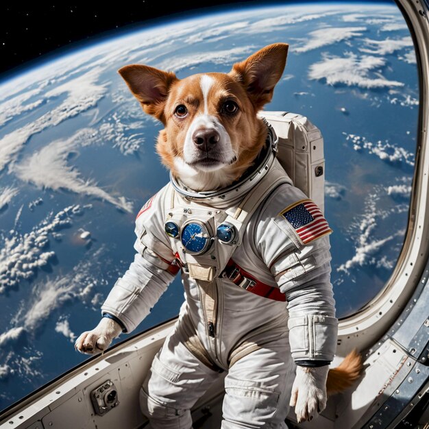 a dog wearing a space suit is on a space shuttle