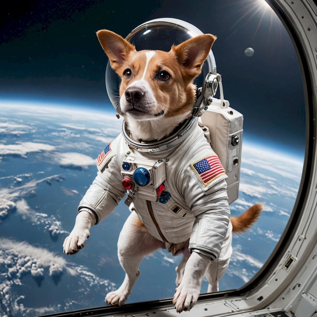 Photo a dog wearing a space suit is on a space suit