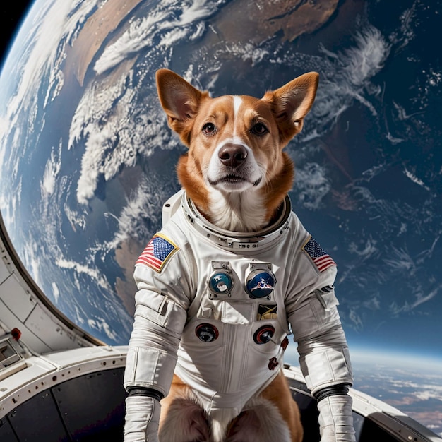 Photo a dog wearing a space suit sits on a plane