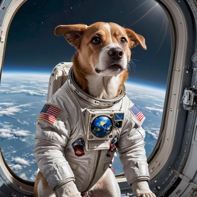 a dog wearing a space suit sits on a space ship