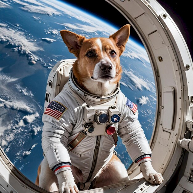 a dog wearing a space suit sits in a space suit