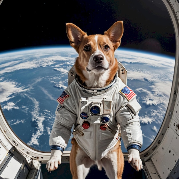 Photo a dog wearing a space suit with the space shuttle in the background