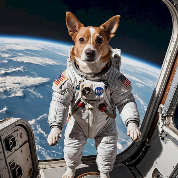 Photo a dog wearing a space suit with the space shuttle in the background