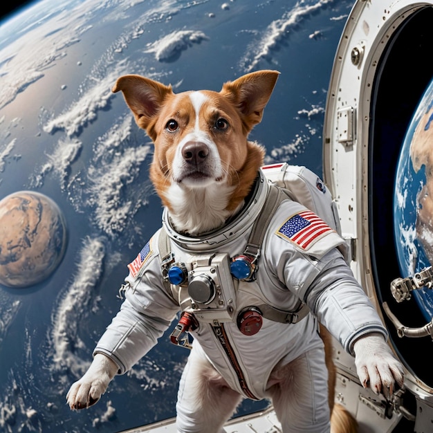 Photo a dog wearing a space suit with the space shuttle in the background