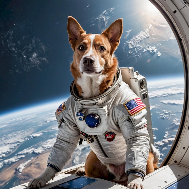 a dog wearing a space suit with the space shuttle in the background