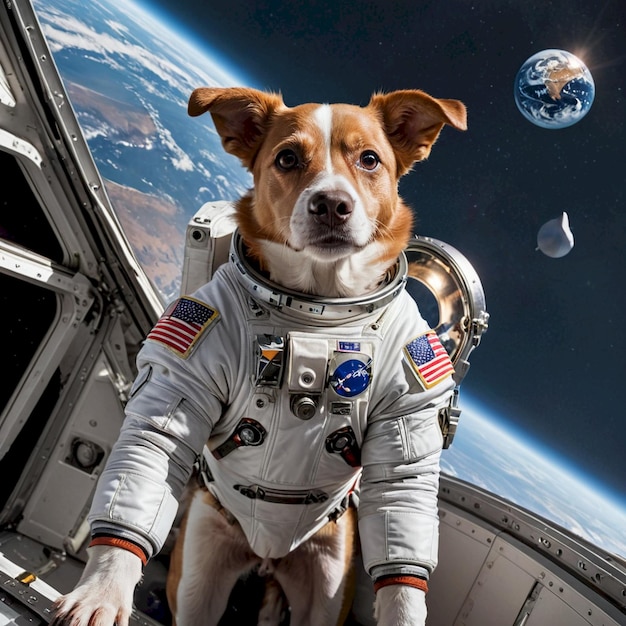 a dog wearing a space suit with the space shuttle in the background