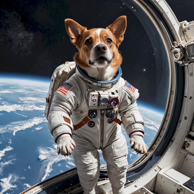 Photo a dog wearing a space suit with the space shuttle in the background