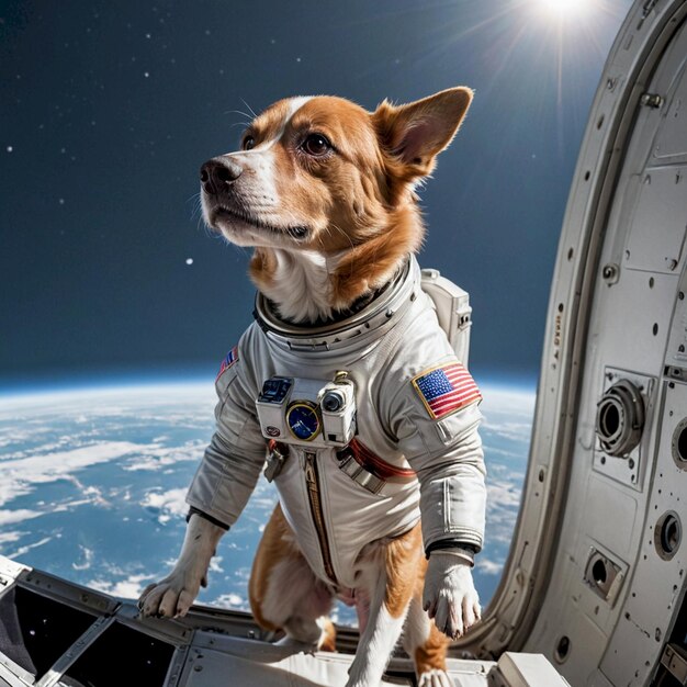 a dog wearing a space suit with the space shuttle in the background