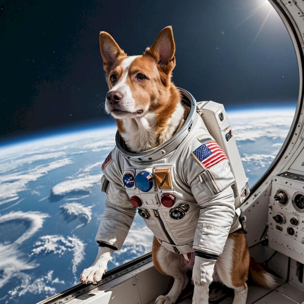 a dog wearing a space suit with the space shuttle in the background