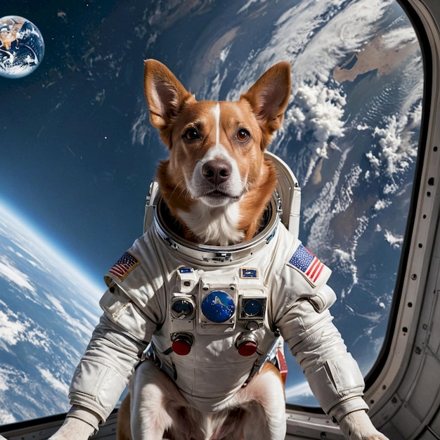 a dog wearing a space suit with the space shuttle in the background