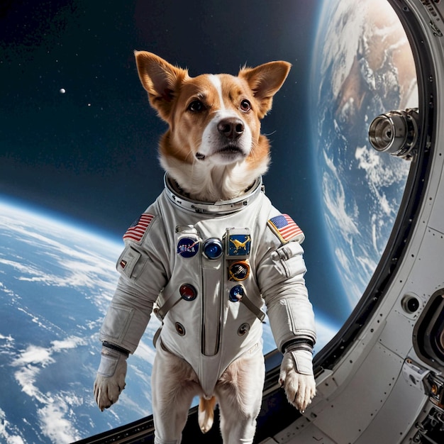 Photo a dog wearing a space suit with the space shuttle in the background