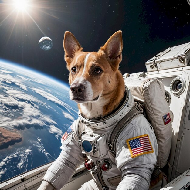 a dog wearing a space suit with the space shuttle in the background