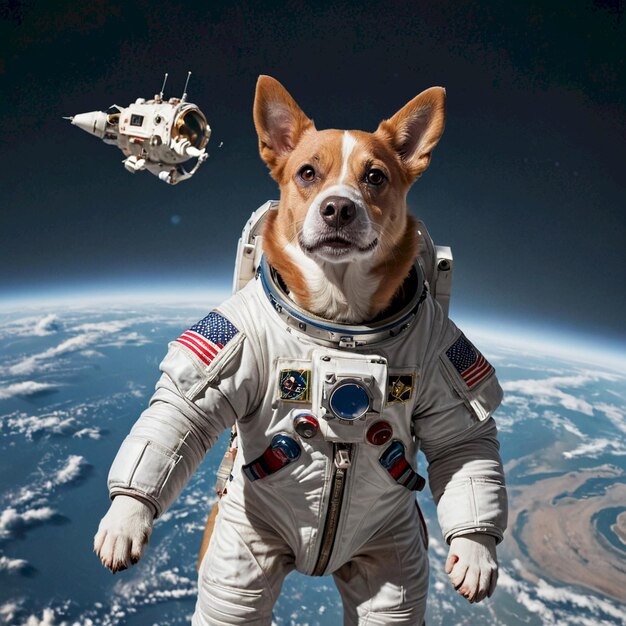 Photo a dog wearing a space suit with the space shuttle in the background