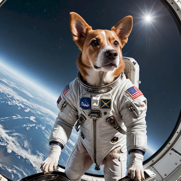 a dog wearing a space suit with the space shuttle in the background